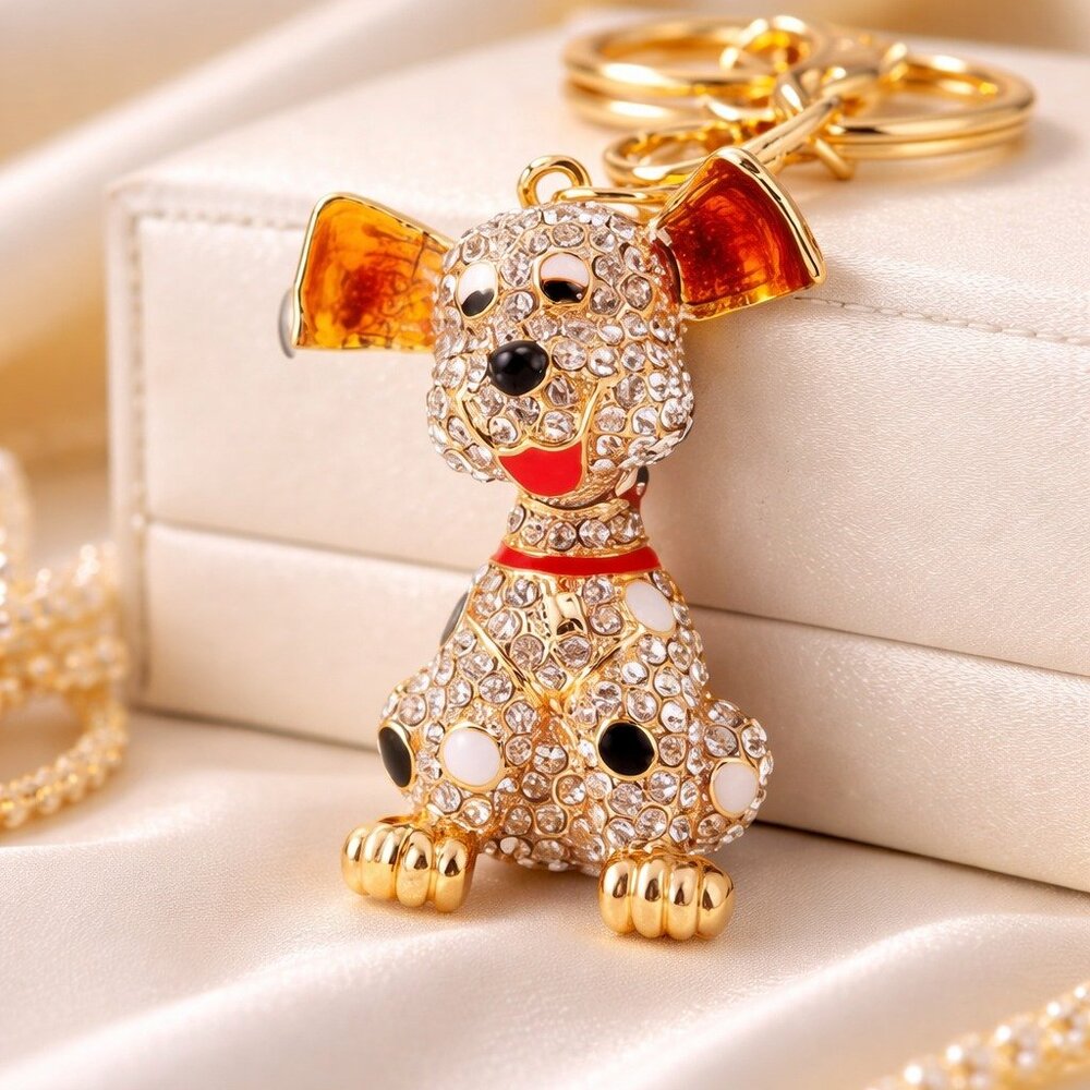 Luxury Rhinestone Dog Keychain & Bag Charm Gold Crystal Puppy 🐶 - Picture 2 of 8